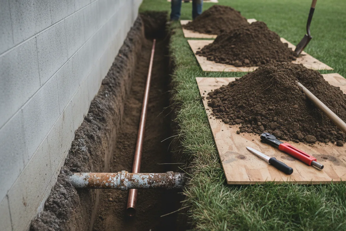 Excavated water line trench during Water Heater Repair in Perryville